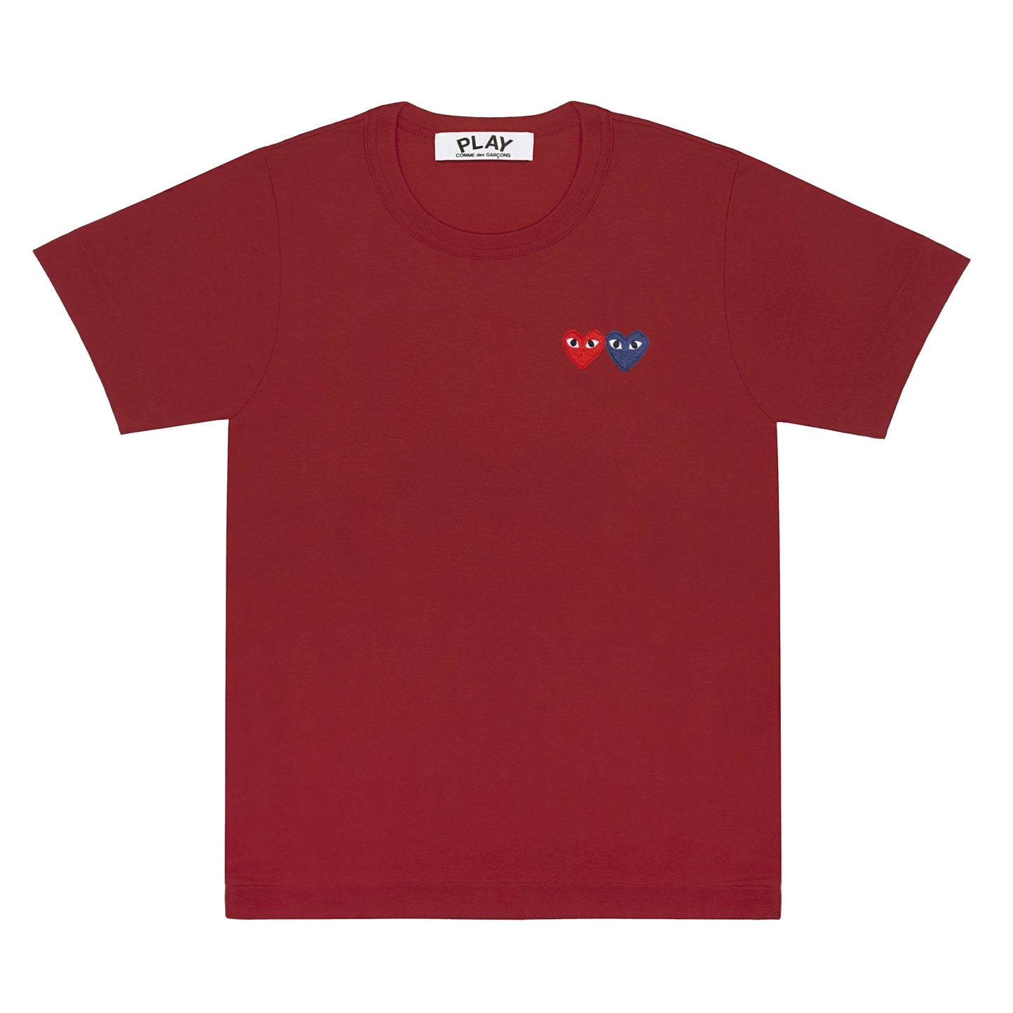 PLAY by Comme des Garçons Maroon T-shirt with Double Heart in Red and Blue