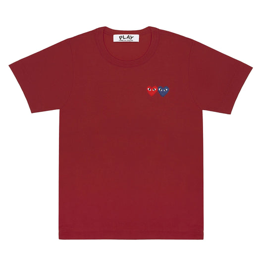 PLAY by Comme des Garçons Maroon T-shirt with Double Heart in Red and Blue